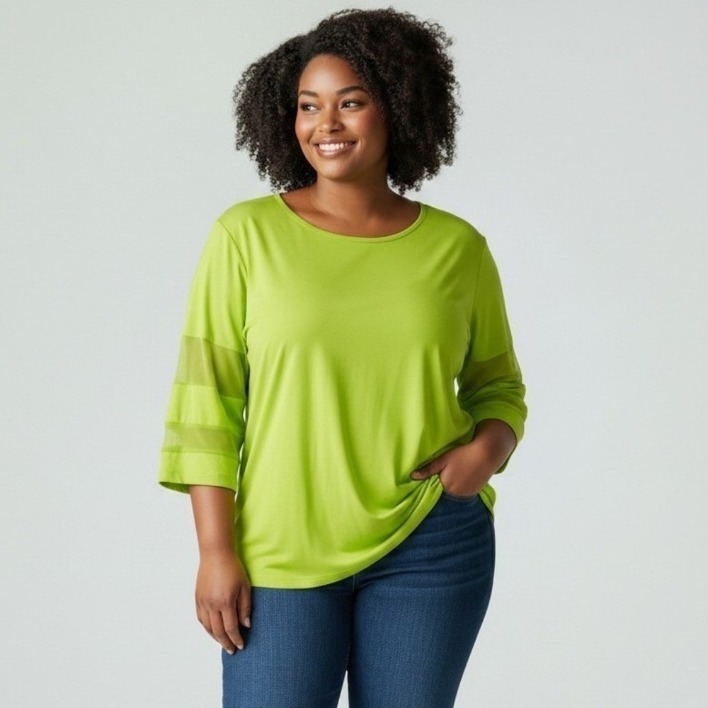 Multiples Lime Green Mesh Panel 3/4 Sleeve Button Hem Top PL Petite Large